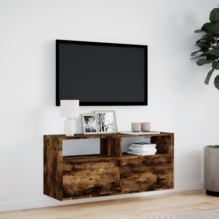 Sieninė TV spintelė su LED lemputėmis, dūminė, 100x31x45cm