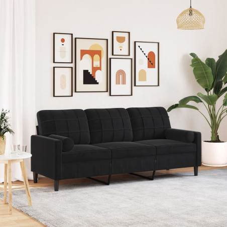 Trivietė sofa su pagalvėlėmis, juodos spalvos, 180cm, aksomas