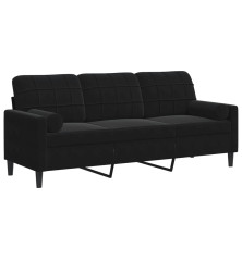 Trivietė sofa su pagalvėlėmis, juodos spalvos, 180cm, aksomas