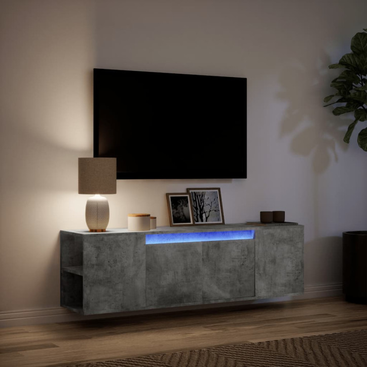 Sieninė TV spintelė su LED lemputėmis, betono, 135x31x39,5cm