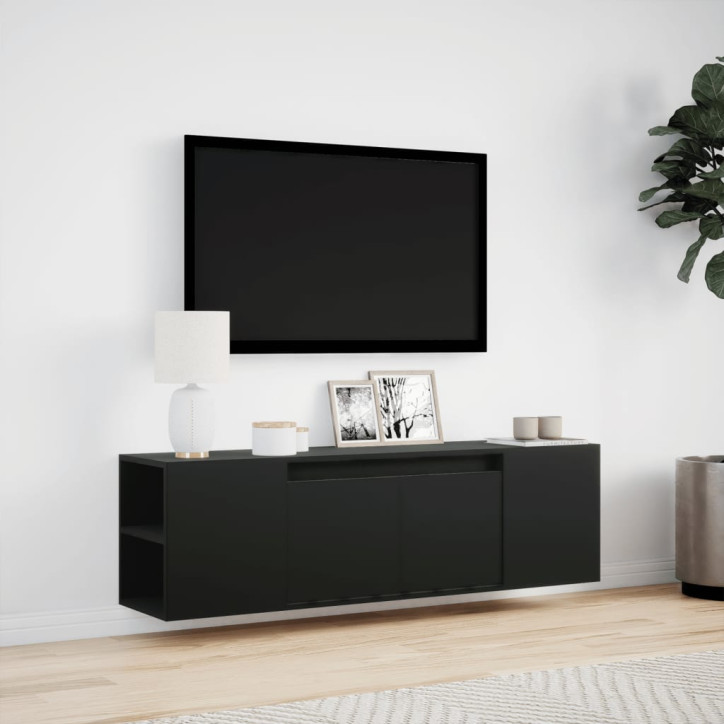 Sieninė TV spintelė su LED lemputėmis, juoda, 135x31x39,5cm