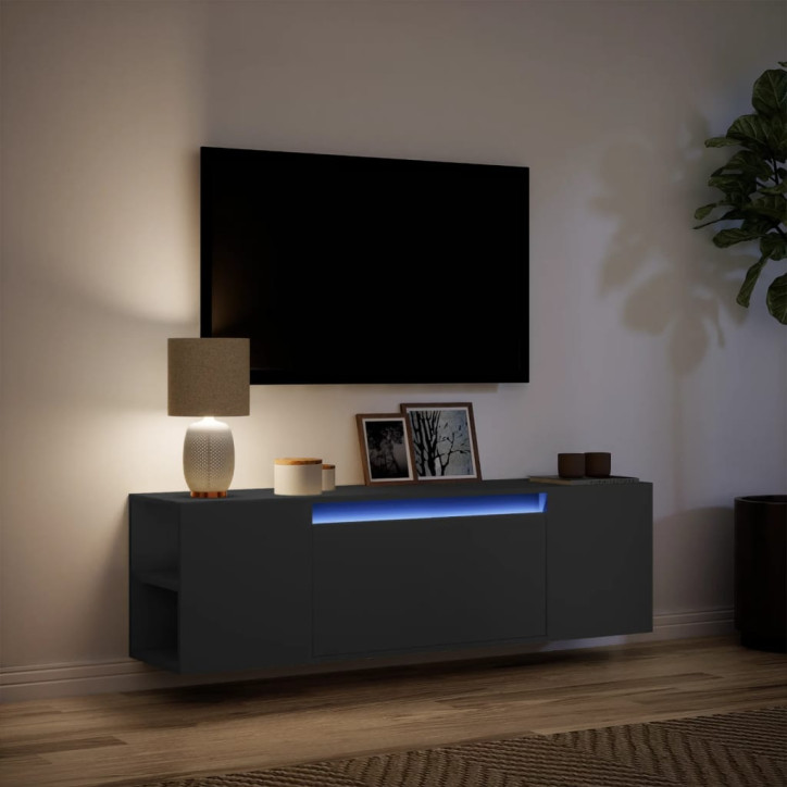 Sieninė TV spintelė su LED lemputėmis, juoda, 135x31x39,5cm