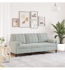 Trivietė sofa su pagalvėlėmis, šviesiai pilka, 180cm, aksomas