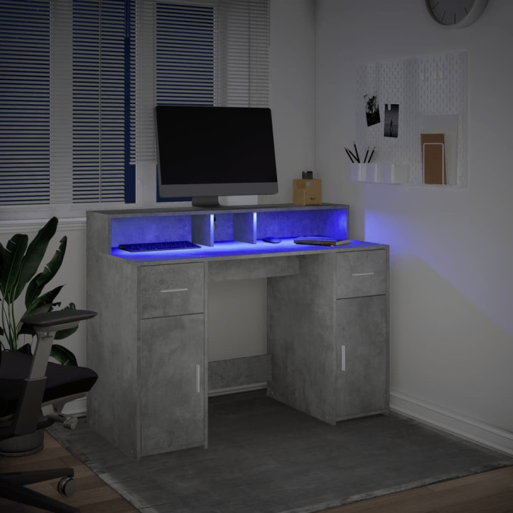 Rašomasis stalas su LED, betono pilkas, 120x55x91cm, mediena