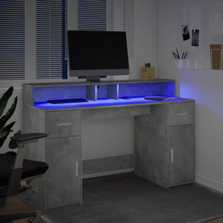 Rašomasis stalas su LED, betono pilkas, 140x55x91cm, mediena