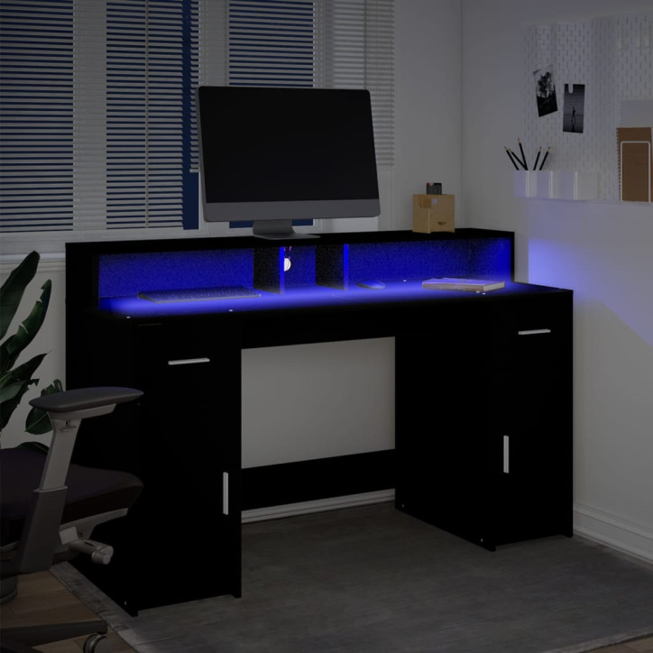 Rašomasis stalas su LED apšvietimu, juodas, 140x55x91cm