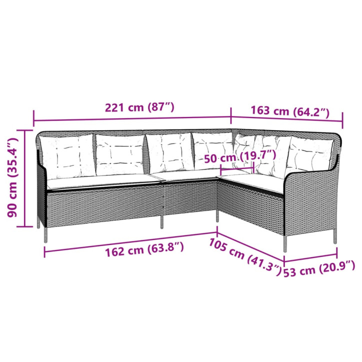 Sodo sofa su pagalvėlėmis, juoda, poliratanas, L formos