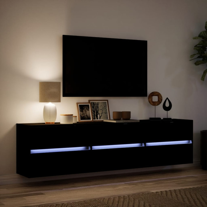 Sieninė TV spintelė su LED lemputėmis, juoda, 180x31x45cm