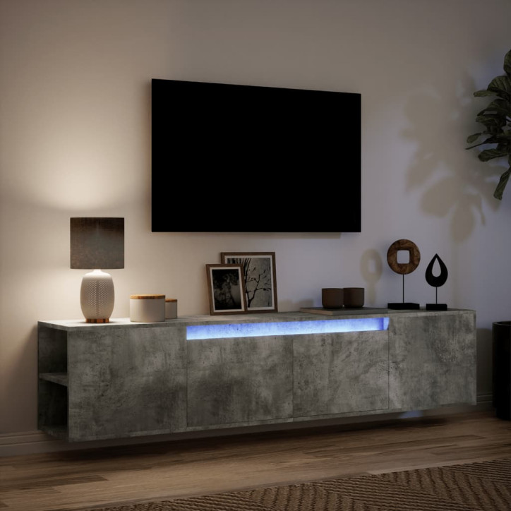 Sieninė TV spintelė su LED lemputėmis, pilka, 180x31x39,5cm