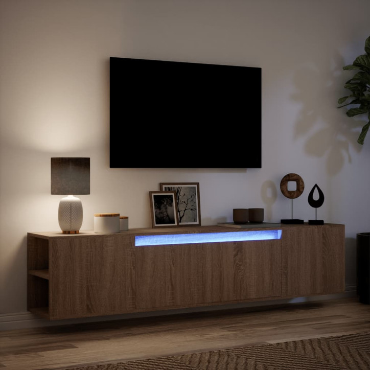 Sieninė TV spintelė su LED lemputėmis, ruda, 180x31x39,5cm