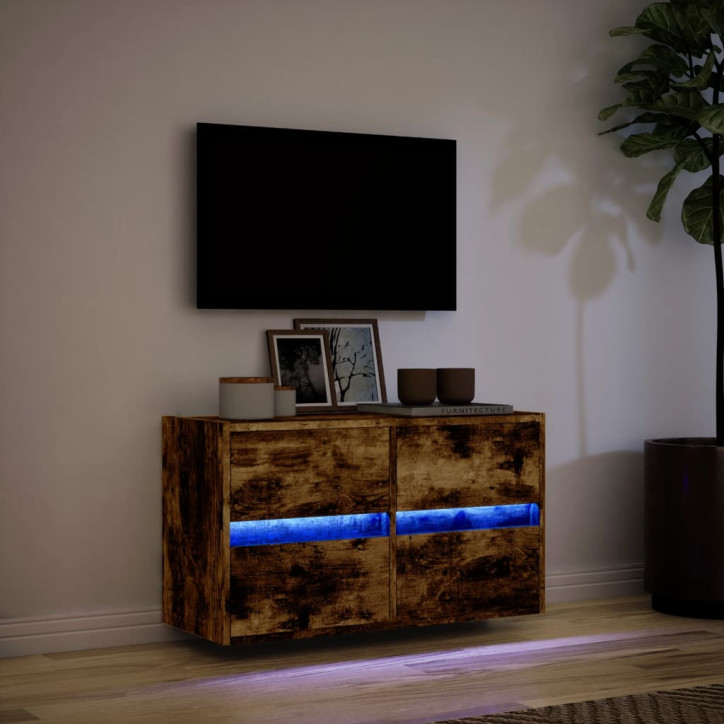 Sieninė TV spintelė su LED lemputėmis, dūminė, 80x31x45cm