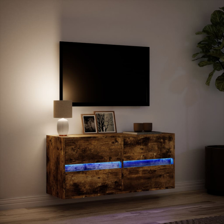 Sieninė TV spintelė su LED lemputėmis, dūminė, 100x31x45cm