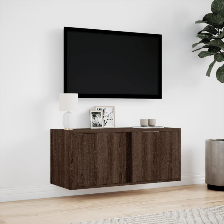 Sieninė TV spintelė su LED lemputėmis, ruda ąžuolo, 80x31x35cm