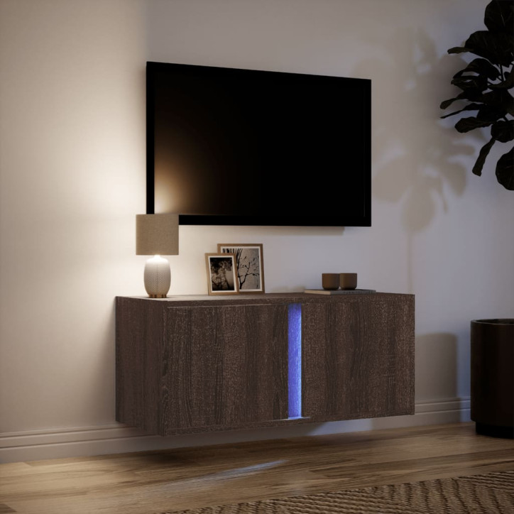 Sieninė TV spintelė su LED lemputėmis, ruda ąžuolo, 80x31x35cm