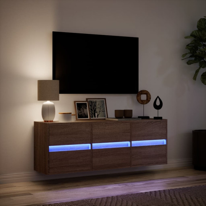 Sieninė TV spintelė su LED lemputėmis, ruda ąžuolo, 130x31x45cm