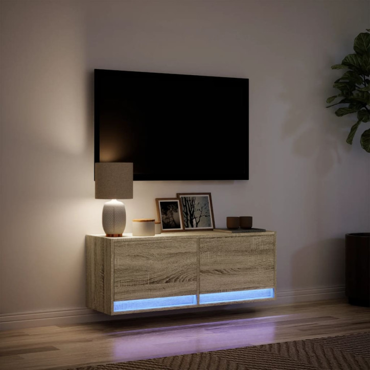 Sieninė TV spintelė su LED lemputėmis, ąžuolo, 100x31x35cm