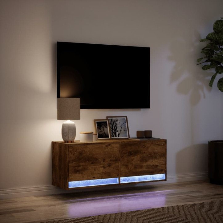 Sieninė TV spintelė su LED lemputėmis, dūminė, 100x31x35cm