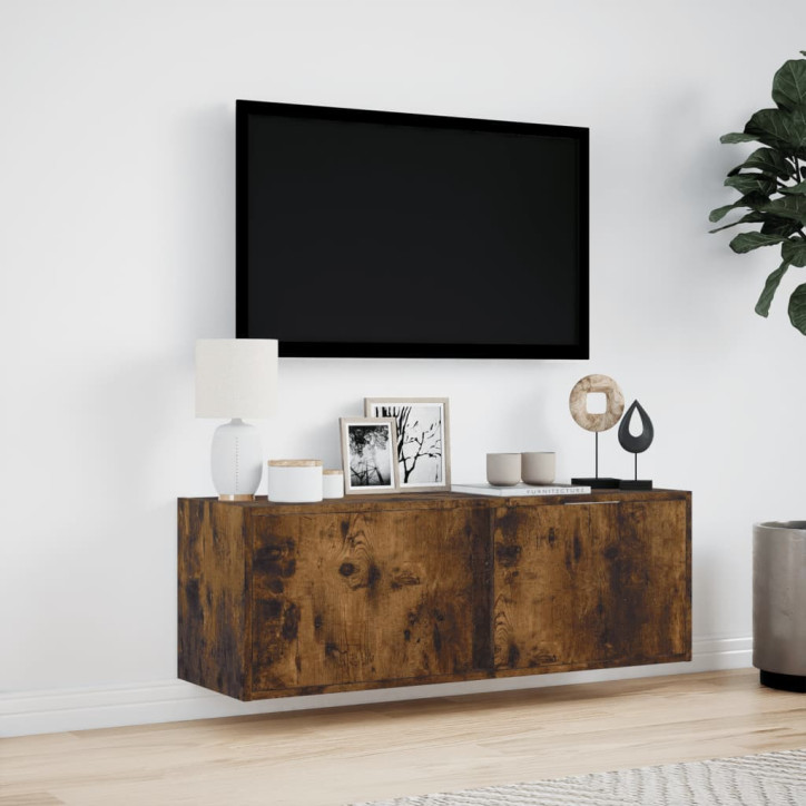 Sieninė TV spintelė su LED lemputėmis, dūminė, 100x31x35cm