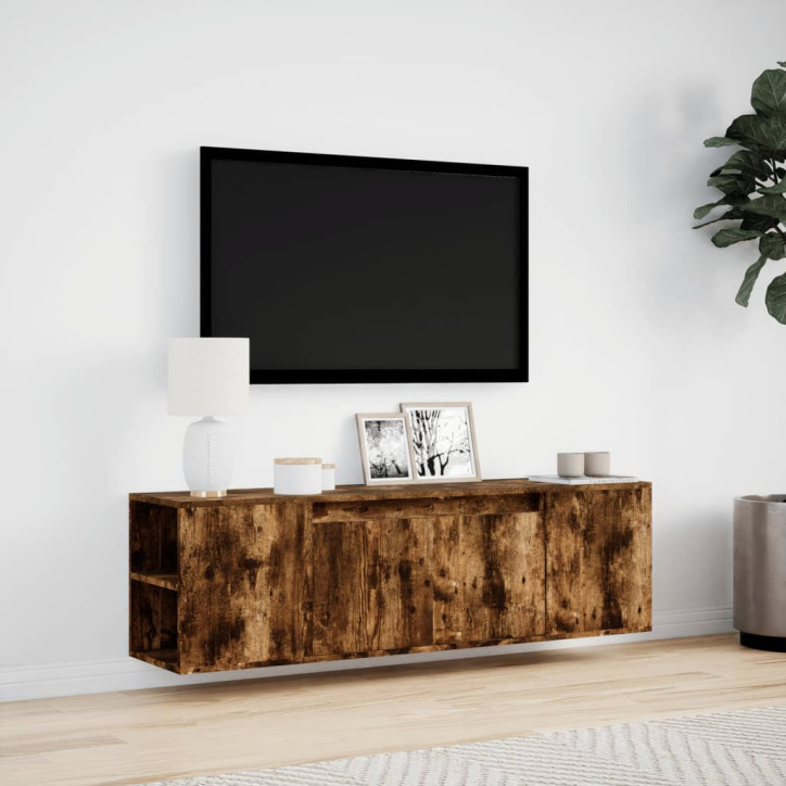 Sieninė TV spintelė su LED lemputėmis, dūminė, 135x31x39,5cm