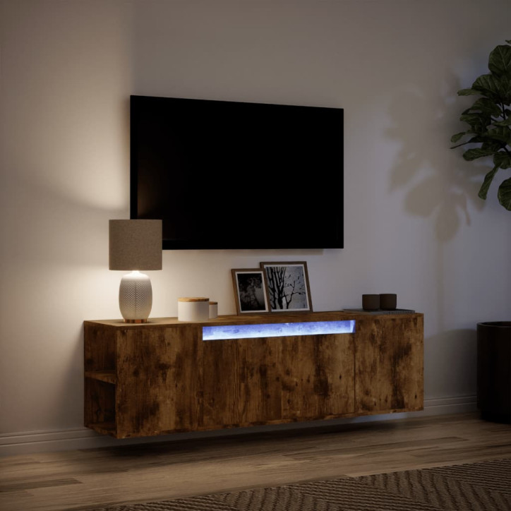 Sieninė TV spintelė su LED lemputėmis, dūminė, 135x31x39,5cm