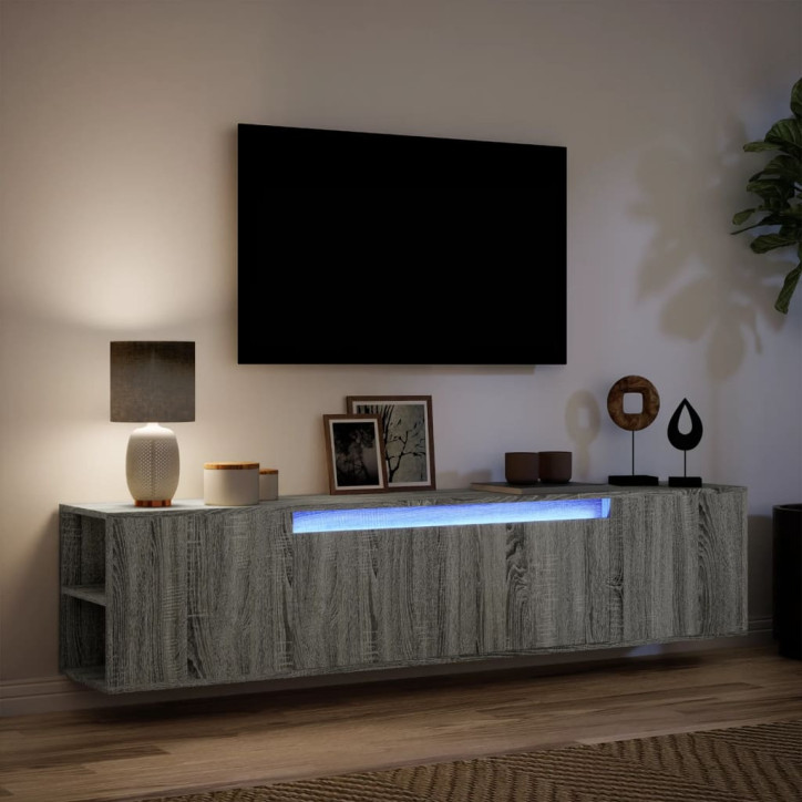 Sieninė TV spintelė su LED lemputėmis, pilka, 180x31x39,5cm