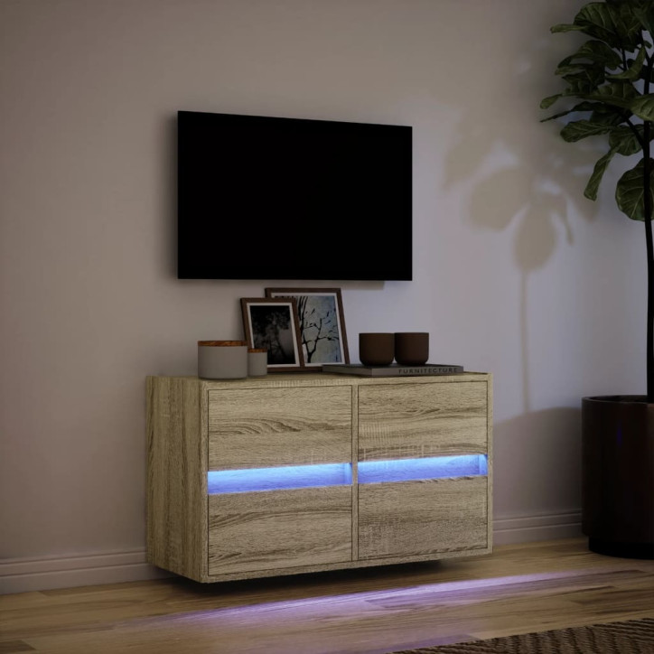 Sieninė TV spintelė su LED lemputėmis, ąžuolo, 80x31x45cm