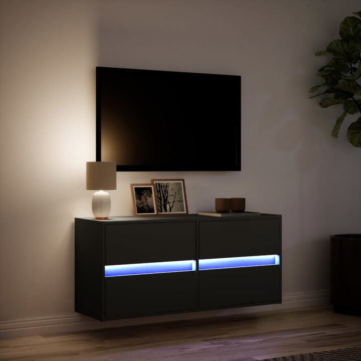 Sieninė TV spintelė su LED lemputėmis, juoda, 100x31x45cm