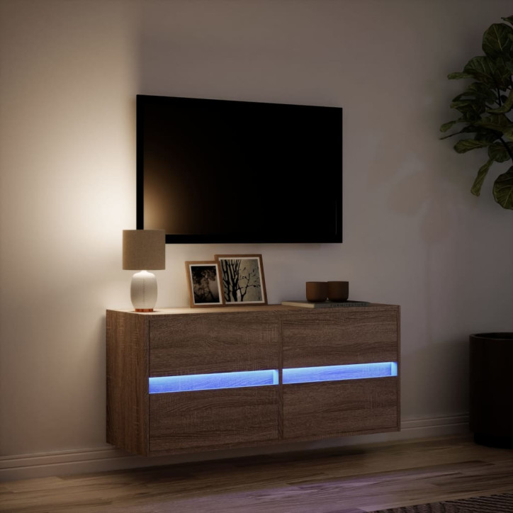 Sieninė TV spintelė su LED lemputėmis, ruda ąžuolo, 100x31x45cm