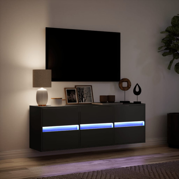 Sieninė TV spintelė su LED lemputėmis, juoda, 130x31x45 cm