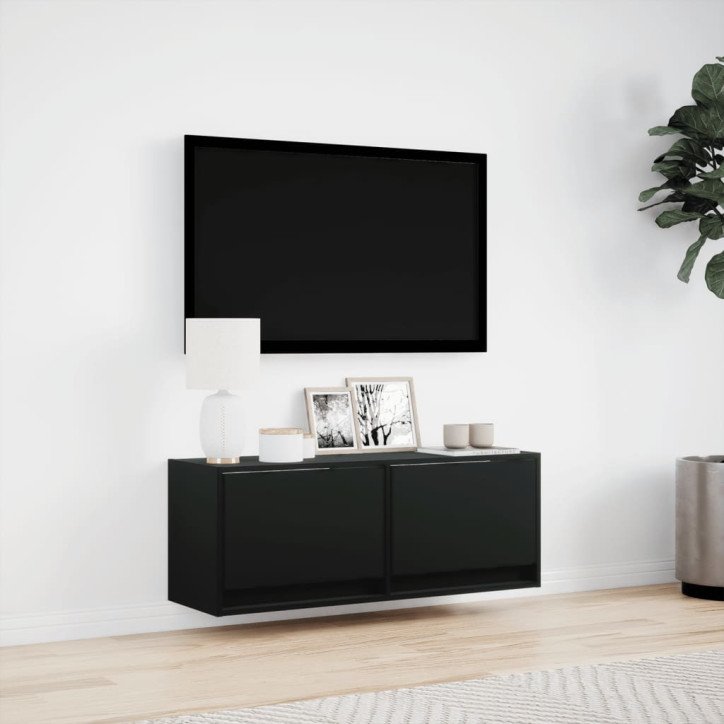 Sieninė TV spintelė su LED lemputėmis, juoda, 100x31x35cm