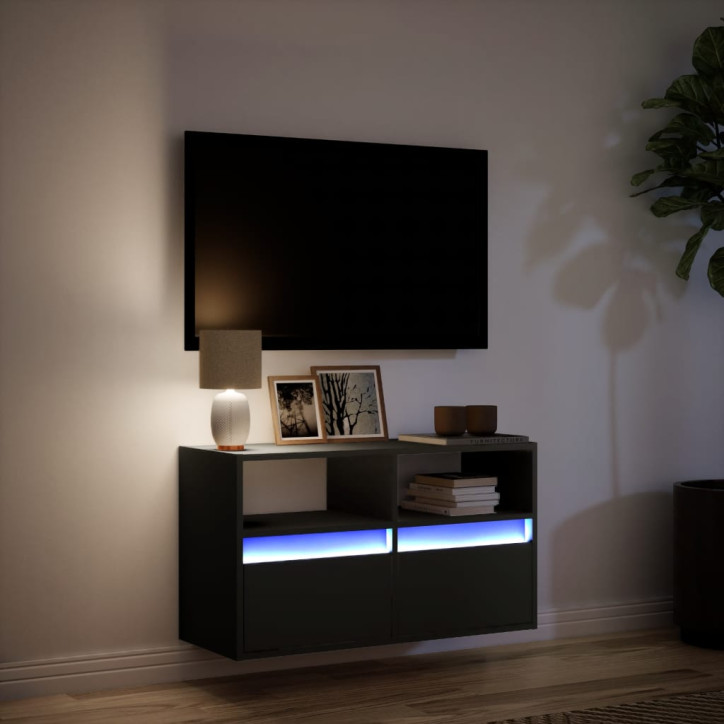 Sieninė TV spintelė su LED lemputėmis, juoda, 80x31x45cm