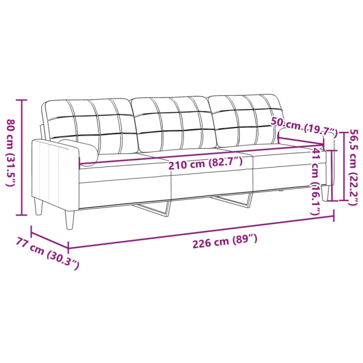 Trivietė sofa su pagalvėlėmis, juodos spalvos, 210cm, audinys