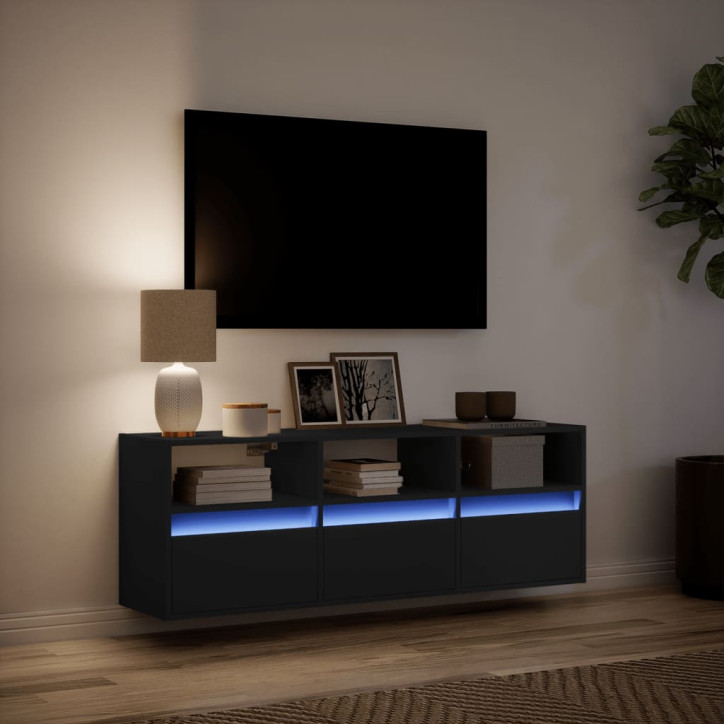 Sieninė TV spintelė su LED lemputėmis, juoda, 130x31x45 cm