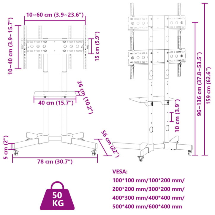 TV stovas ant ratukų 32-70 colių ekranui, 600x400 mm, 50kg