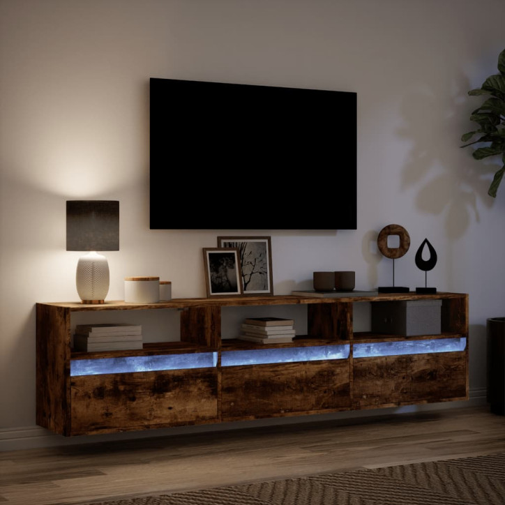 Sieninė TV spintelė su LED lemputėmis, dūminė, 180x31x45cm