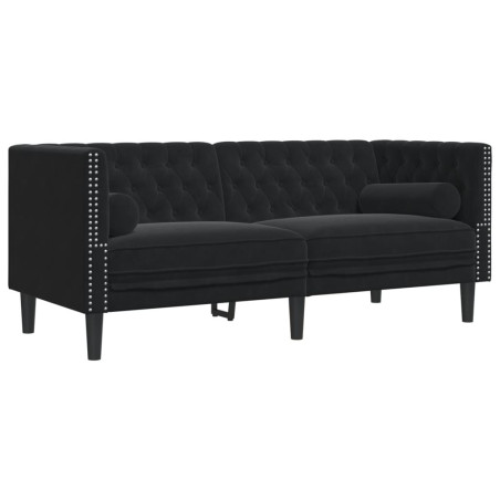 Dvivietė chesterfield sofa su pagalvėlėmis, juoda, aksomas