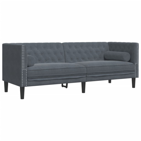 Trivietė chesterfield sofa su pagalvėlėmis, pilka, aksomas