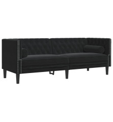 Trivietė chesterfield sofa su pagalvėlėmis, juoda, aksomas