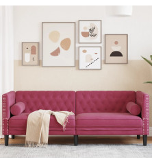 Trivietė chesterfield sofa su pagalvėlėmis, raudona, aksomas