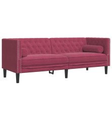 Trivietė chesterfield sofa su pagalvėlėmis, raudona, aksomas