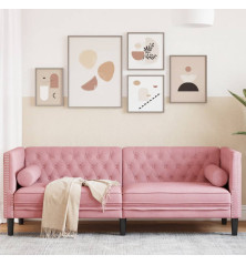 Trivietė chesterfield sofa su pagalvėlėmis, rožinė, aksomas