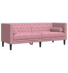 Trivietė chesterfield sofa su pagalvėlėmis, rožinė, aksomas