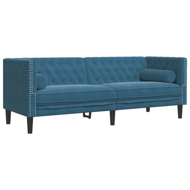 Dvivietė chesterfield sofa su pagalvėlėmis, mėlyna, aksomas