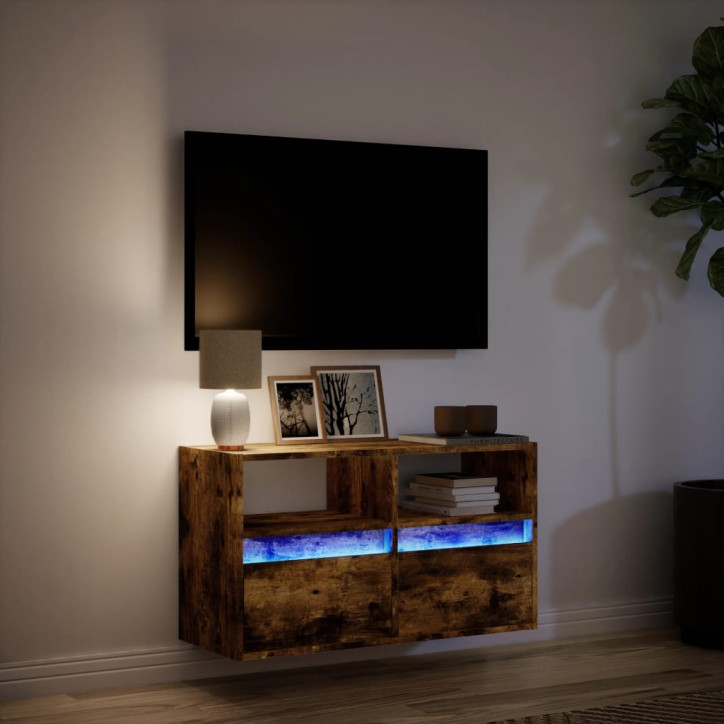 Sieninė TV spintelė su LED lemputėmis, dūminė, 80x31x45cm