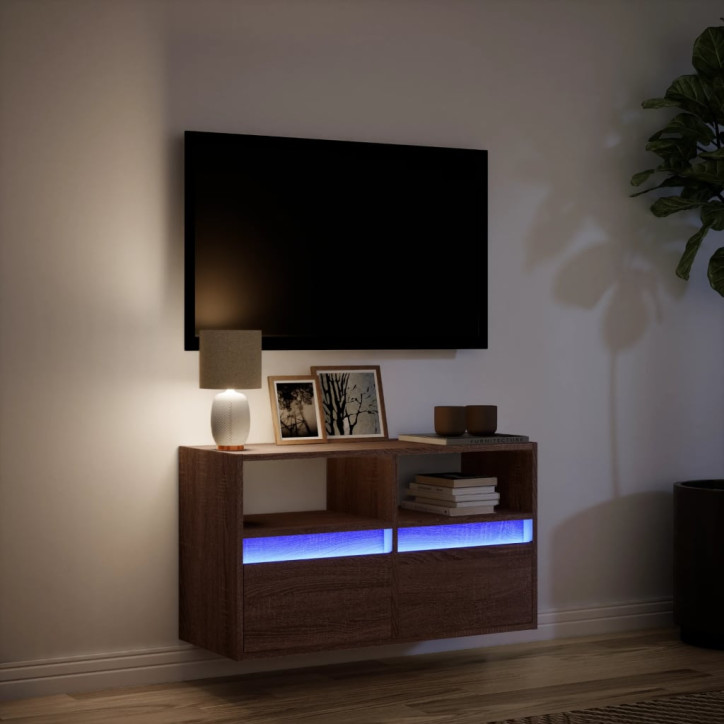 Sieninė TV spintelė su LED lemputėmis, ruda ąžuolo, 80x31x45cm