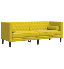 Trivietė chesterfield sofa su pagalvėlėmis, geltona, aksomas