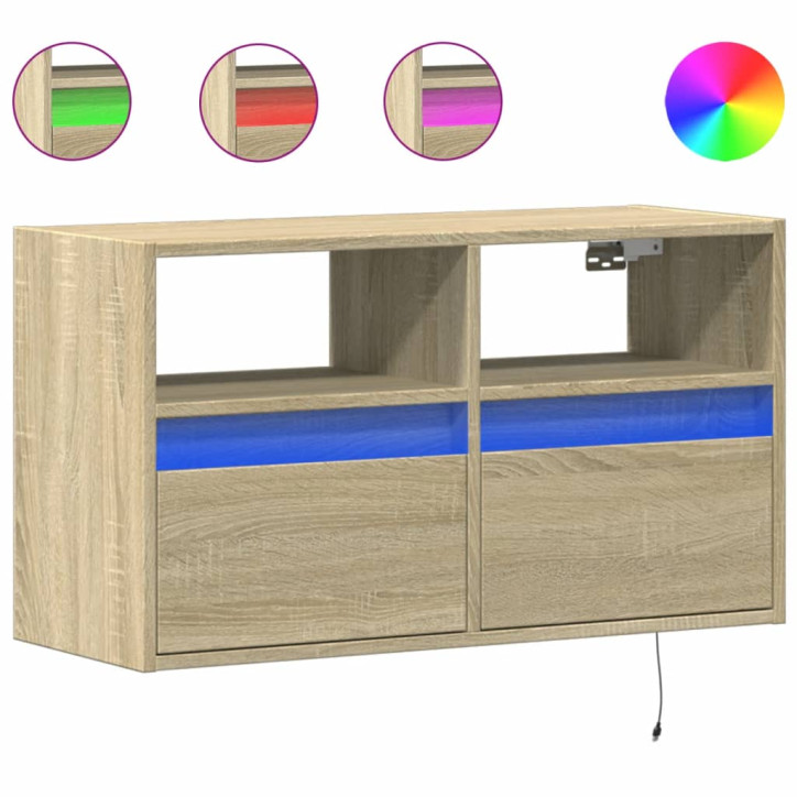 Sieninė TV spintelė su LED lemputėmis, ąžuolo, 80x31x45cm