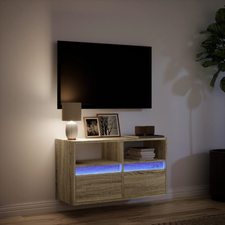 Sieninė TV spintelė su LED lemputėmis, ąžuolo, 80x31x45cm