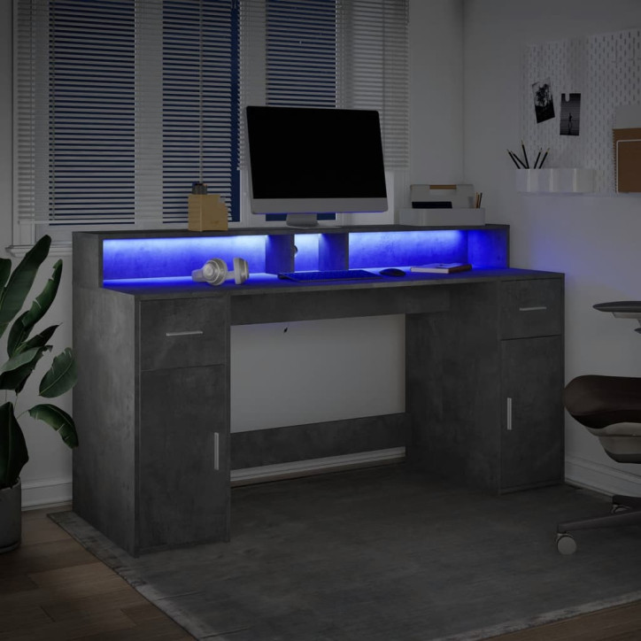 Rašomasis stalas su LED, betono pilkas, 160x55x91cm, mediena