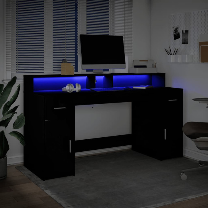 Rašomasis stalas su LED apšvietimu, juodas, 160x55x91cm